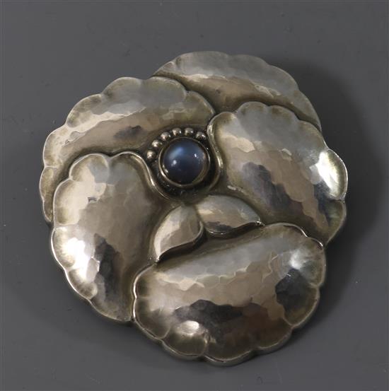 A modern George Jensen Danish sterling silver and cabochon moonstone set brooch, no. 113, 42mm,.